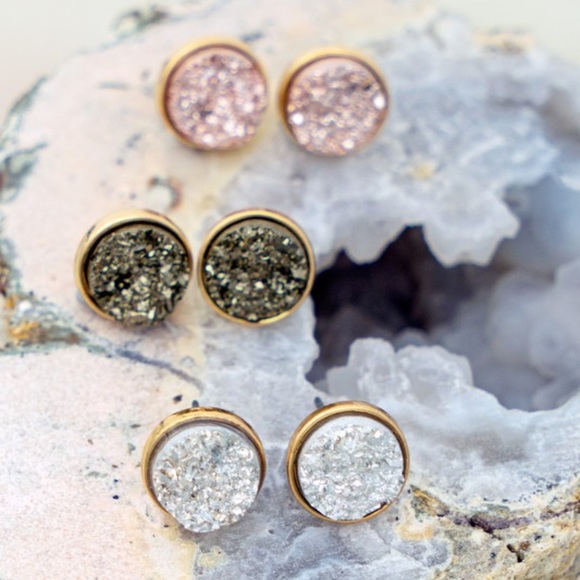 Boho Pink Mini Druzy Stud Earrings - Picture 2 of 3